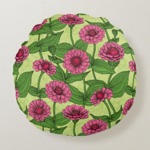 Pink Zinnias auf hellgrün Rundes Kissen