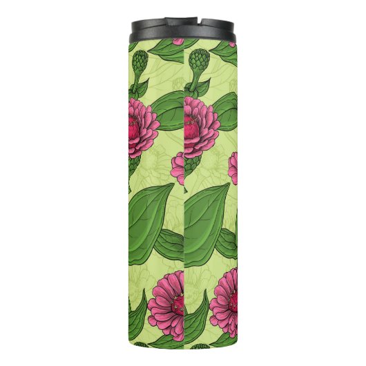 Pink Zinnias auf hellgrün Thermosbecher (Rückseite)