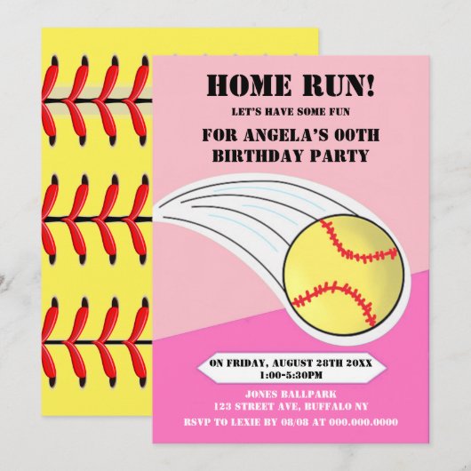 Pink Zuhause Run Softball Geburtstagspartei (Vorne/Hinten)