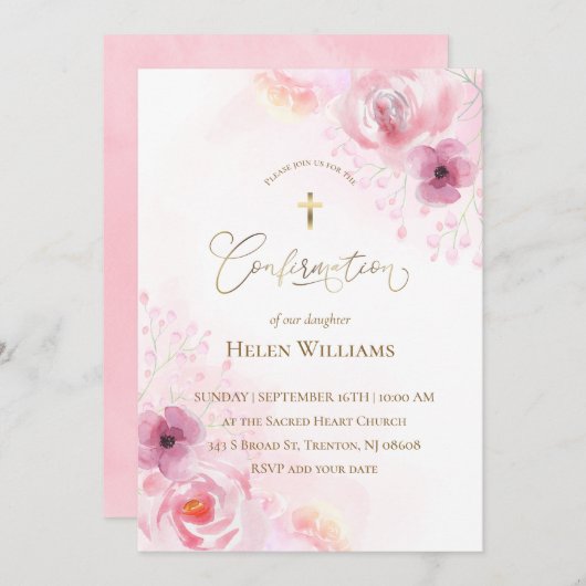 pinke blumen | Konfirmation Einladung (Vorne/Hinten)