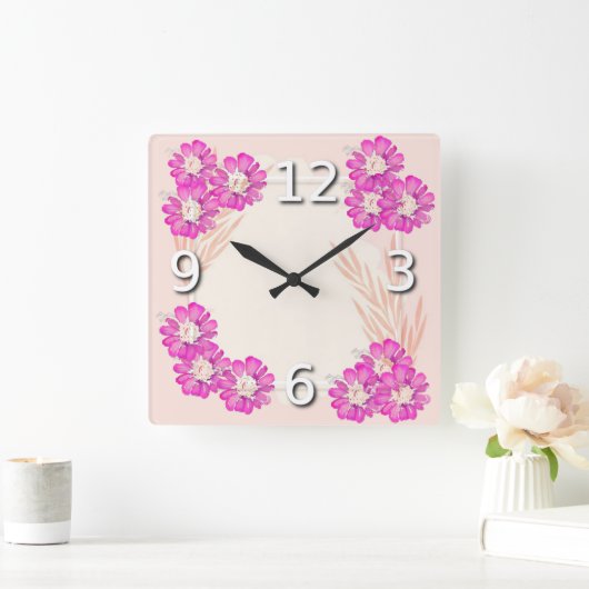 Pinke Blumen Quadratische Wanduhr (Zuhause)