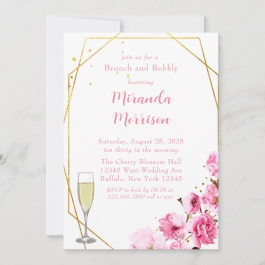 Pinke Kirsche Blossom Geometrische Brunch & Bubbly Einladung (Vorderseite)