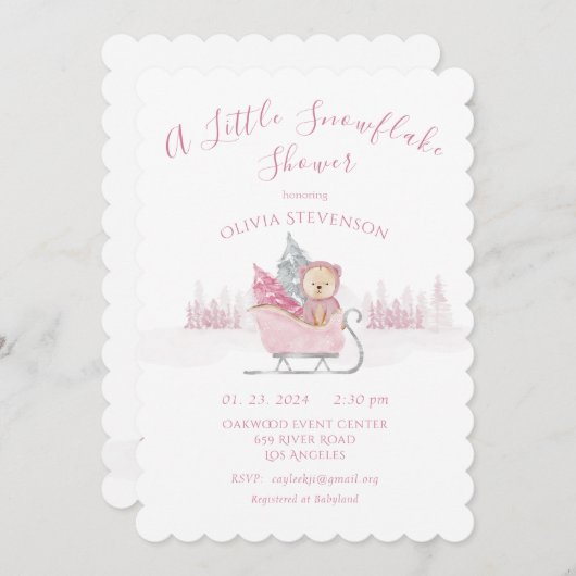 Pinker Bär eine kleine Schneeflocke Babydusche Einladung (Vorne/Hinten)