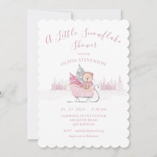 Pinker Bär eine kleine Schneeflocke Babydusche Einladung (Vorderseite)