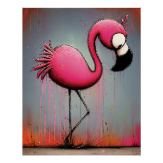 pinker Flamingo mit großen Augen - Cartoon Stil Poster