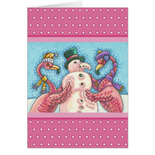 PINKER FLAMINGO SCHNEEMANN, WEIHNACHTSGRUSSKARTE V