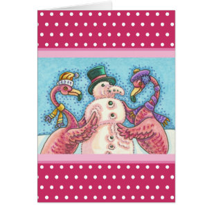 PINKER FLAMINGO SCHNEEMANN, WEIHNACHTSGRUSSKARTE V