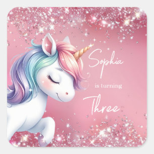 Pinker Glitter Regenbogen Einhorn Geburtstag Quadratischer Aufkleber