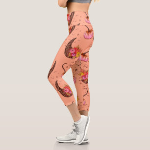Pinker Kürbis mit Herbstblättern und -hornen Capri Leggings