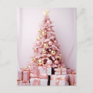 Pinker und goldener Weihnachtsbaum mit Geschenken Postkarte