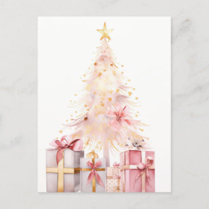 Pinker und goldener Weihnachtsbaum mit Geschenken Postkarte