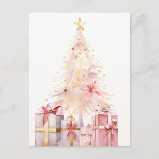 Pinker und goldener Weihnachtsbaum mit Geschenken Postkarte (Vorderseite)