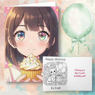 Pinkes Anime-Mädchen-Geburtstag und Malvorlage Karte