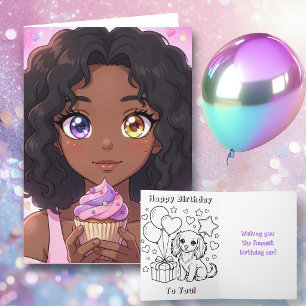 Pinkes Anime-Mädchen-Geburtstag und Malvorlage Karte