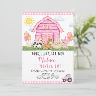 Pinkes Bauernhaus mit Partyhüten landwirtschaftlic Einladung