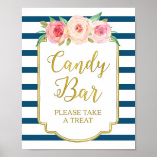 Pinkes Blumen Candy Bar Schild Gold Navyblaue Stre