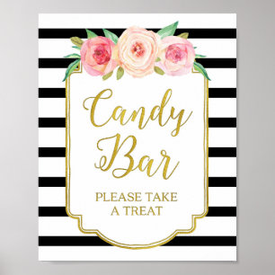 Pinkes Blumen Candy Bar Schild Gold Schwarz Streif