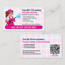 Pinkes Druckwaschmädchen Cartoon QR Hochdruckreini Visitenkarte