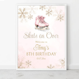 Pinkes Eis-Skating-Geburtstags-Gold-Schneeflocken- Poster