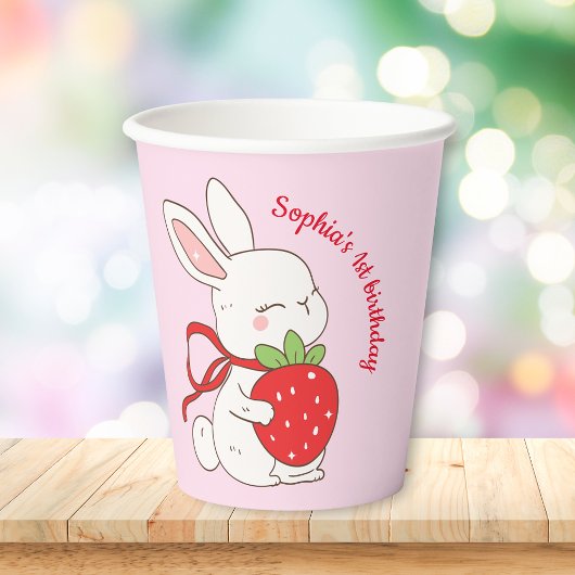 Pinkes Erdbeer-Hasen-Geburtstag Pappbecher