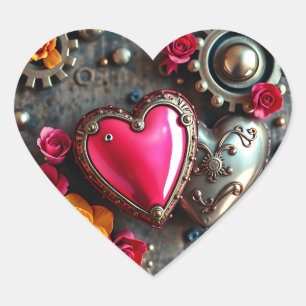 Pinkes Herz und Metallzahnräder Steampunk Herz-Aufkleber