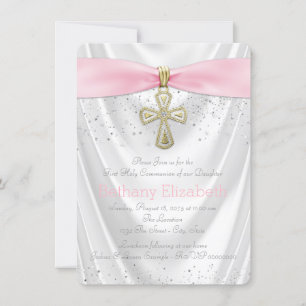 Pinkes Kreuz Erstkommunion Weißer Satin Glitter Einladung