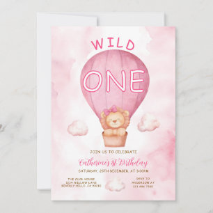 Pinkes Löwenmädchen Wild One Heißluftballon Geburt Einladung