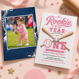 Pinkes Mädchen-Baseball-Erstgeburtstagsfeier Einladung