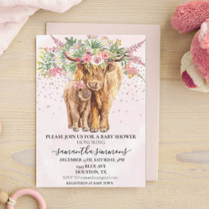 Pinkes Mädchen Blumen Highland Kuh Kalb Baby Showe Einladung