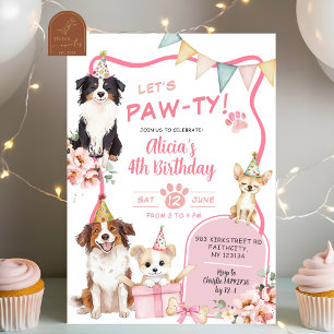 Pinkes Mädchen-Hund Lass uns Pawty Geburtstagseinl Einladung
