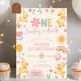 Pinkes Mädchen One Lucky Duck Geburtstagseinladung Einladung
