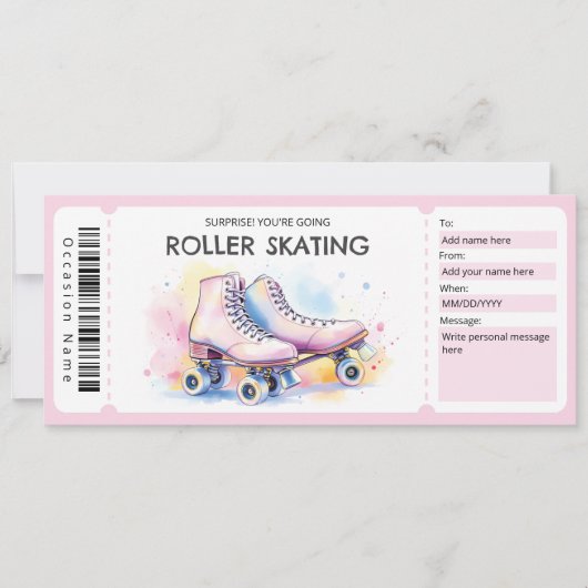 Pinkes Rollschuh-Ticket-Geschenkgutschein Einladung (Vorderseite)
