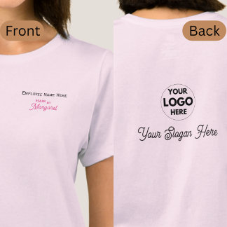 Pinkes schwarzes Mitarbeiter-Name-Logo Friseursalo T-Shirt