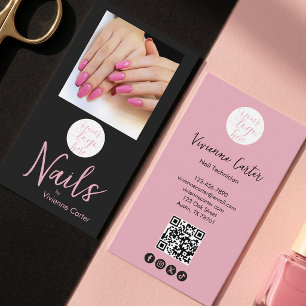 Pinkes schwarzes Schriftlogo QR-Code Foto Nagelstu Visitenkarte