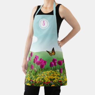 Pinkes Tulpen-Blumengarten-Monogramm  Schürze