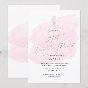 Pinkes Wasserfarben Champagnerglas+Bubbles Einladung