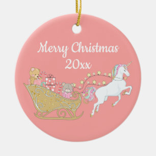 Pinkes Weihnachtsmann-Schlitten-Einhorn Keramik Ornament