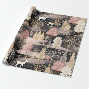 Pinkes Winterhirsch-Fantasieschloss-Landschaft (3) Geschenkpapier