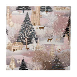 Pinkes Winterhirsch-Fantasieschloss-Landschaftsbil Fliese