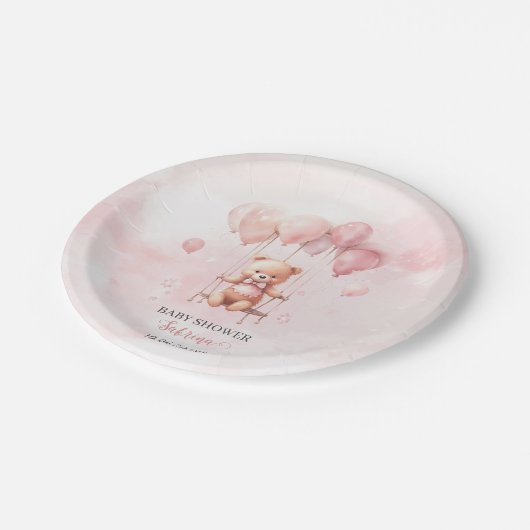 Pinkfarbene Babydusche Pappteller (Schrägansicht)