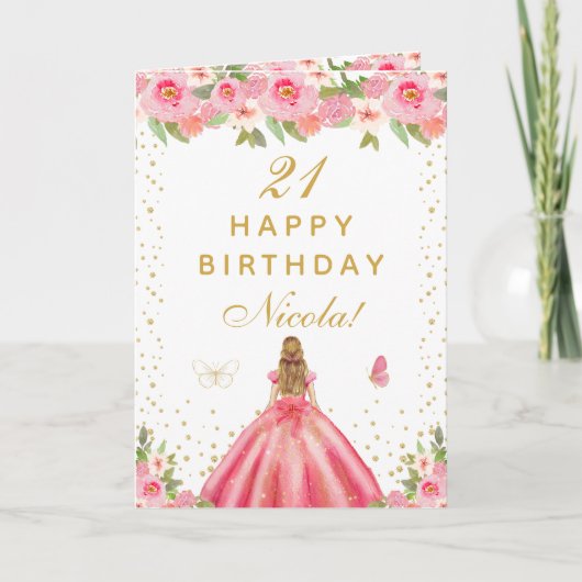 Pinkfarbene Blumen Blondhaar Mädchen Geburtstag Karte (Vorderseite)