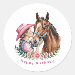 Pinkfarbene Cowgirl, die eine Pferd zum Geburtstag Runder Aufkleber