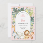 Pinkfarbene Dschungeltiere, niedliches Mädchen 1.  Einladung (Vorderseite)