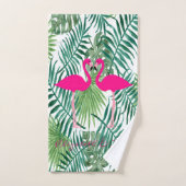 Pinkfarbene Flamingos in Liebe, Palm-Blätter Badhandtuch Set (Handtuch)