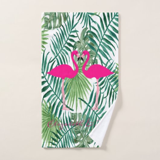 Pinkfarbene Flamingos in Liebe, Palm-Blätter Badhandtuch Set (Handtuch)