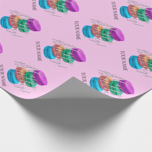 Pinkfarbene französische Macaron-Kekse zum Geburts Geschenkpapier (Ecke)
