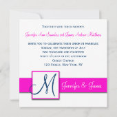 Pinkfarbene Marine-Blau-Damast-Monogramm-Einladung Einladung (Rückseite)