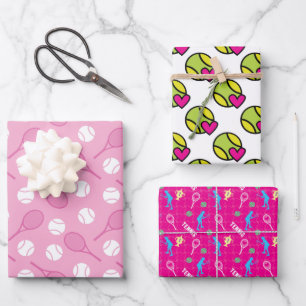 💟 Pinkfarbene Tennismotive auf Packpapier Geschenkpapier Set