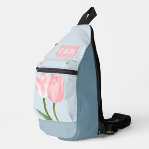 Pinkfarbene Tulpen auf hellblau mit dreifachem Mon Crossbody Bag