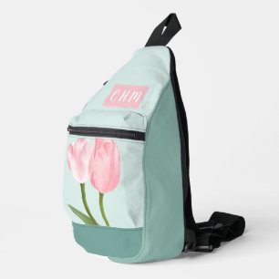 Pinkfarbene Tulpen auf hellblau mit dreifachem Mon Crossbody Bag